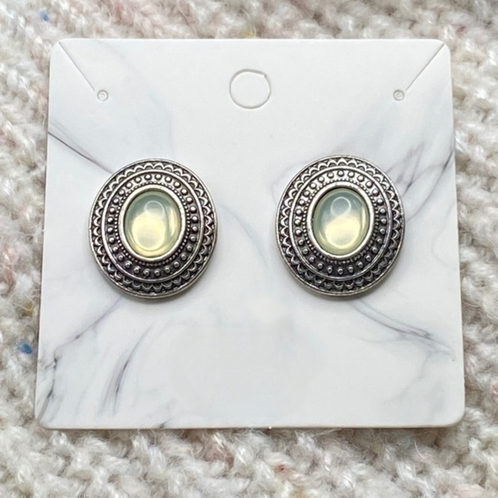Oval Shaped Stud Earrings Synthetic Stone and Metal Boho Western Pattern